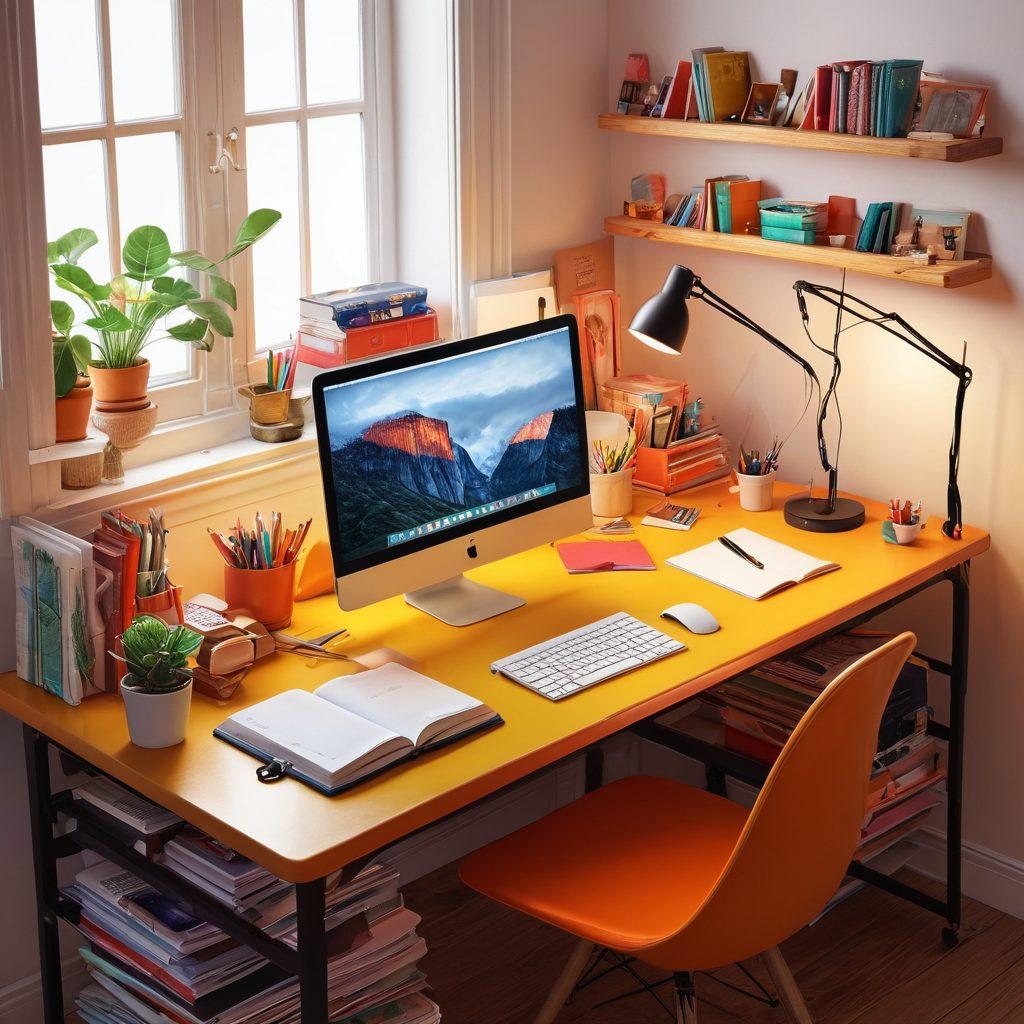A visually striking digital illustration showcasing a creative workspace filled with vibrant clamping solutions holding various storytelling elements, such as open journals, digital devices, and colorful graphics. The scene should embody the fusion of traditional storytelling and modern digital techniques, with an emphasis on innovation and creativity. Enhance the atmosphere with warm lighting and an inviting ambiance. super-realistic. vibrant colors. white background.