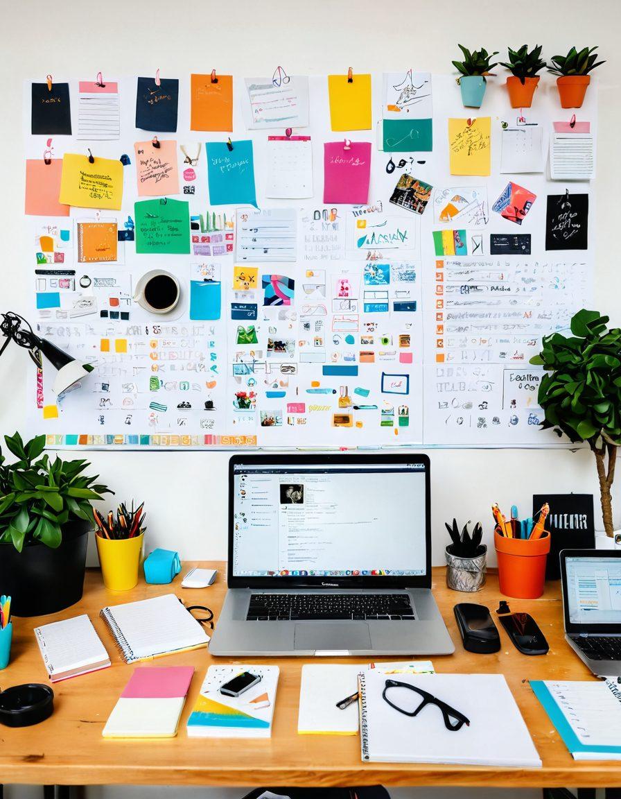 A vibrant workspace featuring a blogger at a desk, surrounded by notebooks filled with ideas, high-tech clamp devices supporting various gadgets, and a laptop displaying a blog. The atmosphere conveys creativity and productivity, with bright light streaming in from a window. Include elements representing success like thumbs up symbols and growth graphs on the wall. super-realistic. vibrant colors. white background.