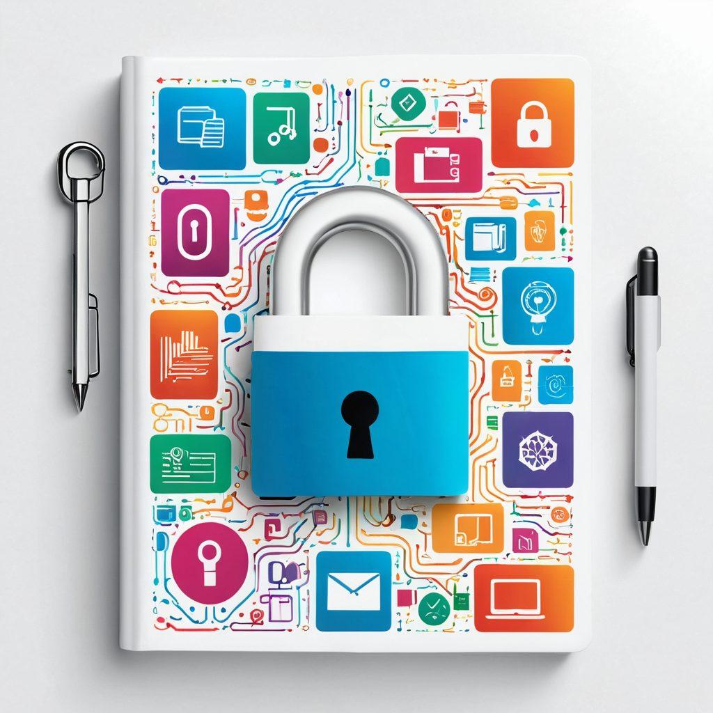 A digital lock symbol intertwined with a sleek journal, showcasing sturdy clamping solutions that protect its pages. The background features abstract representations of data streams and network security icons in vibrant colors, highlighting the connection between the journal and online integrity. A subtle glow emanates from the journal, symbolizing enhanced protection. super-realistic. vibrant colors. white background.